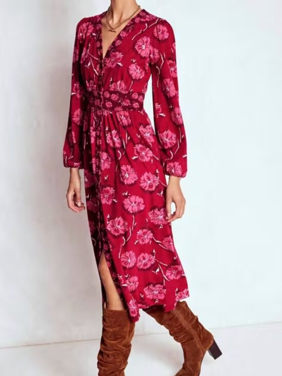 Boden Dresses & Skirts - Boden Natalia Floral Long Sleeve Tea Midi Dress Delicate Carnation Red Size 14
